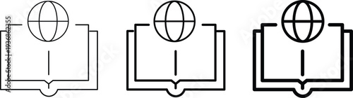 Three variations of an icon showing an open book with a globe symbol above it, representing global knowledge or online learning.