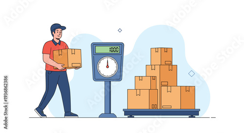Logistics worker is carefully weighing cardboard boxes on a large industrial scale to prepare them for shipping and delivery services.