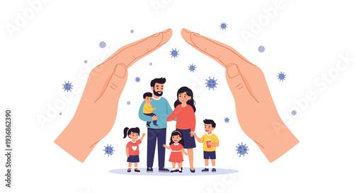 Giant human hands are creating a protective barrier over a family with children to keep them safe from various airborne virus particles.