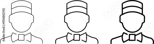 Outline icon of a bellhop wearing a uniform and bow tie, representing hotel and hospitality service staff.