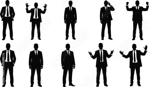 Vector Silhouette Set of Professional Businessman in Various Poses Including Talking on Phone Celebrating and Presenting for Corporate Leadership and Success