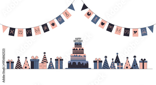 Festive birthday celebration background is filled with a multi-tiered cake, wrapped gift boxes, party hats, and colorful bunting flags.