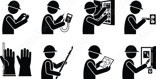 Professional electrician silhouettes performing electrical maintance,repairs, outlet installation, safety gear inspections reading technical schematics for residential industrial construction projects