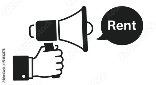 Black and white illustration of a hand holding a megaphone with the word rent