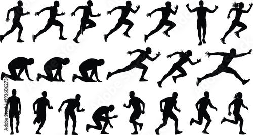 Vector Silhouettes Set of Athletes Running Sprinters Starting Race and Jogging for Sports Fitness and Marathon Competition Isolated on White