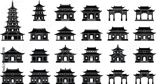 Set of black silhouettes of traditional Chinese and Japanese oriental buildings including pagodas temples gates and houses isolated on a plain white background
