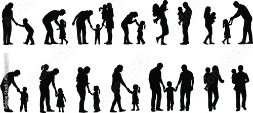 Vector Silhouettes Set of Parents Playing and Walking with Children Expressing Love Care and Family Bonding Isolated on White Background Graphic
