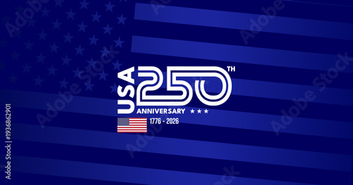 Usa 250th anniversary banner with stars and stripes on blue background, vector illustration