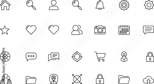 A fundamental collection of black and white outline icons representing common user interface (UI) and web elements, crucial for navigation, settings, user profiles, and digital functionalities.