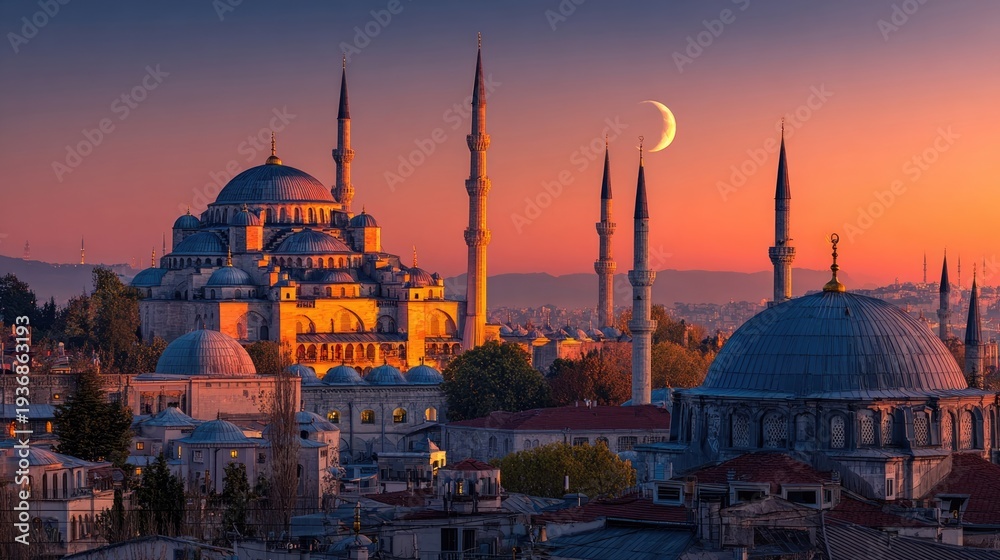 Fototapeta premium Breathtaking wide-angle sunset panorama of Istanbul skyline with the Sultanahmet mosque domes and minarets glowing in amber light, crescent moon rising, travel photography masterpiece