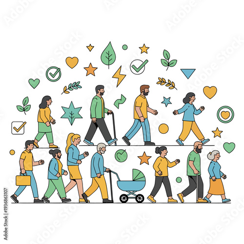 Celebrating National Walking Day with diverse people strolling together in a vibrant illustration of community spirit