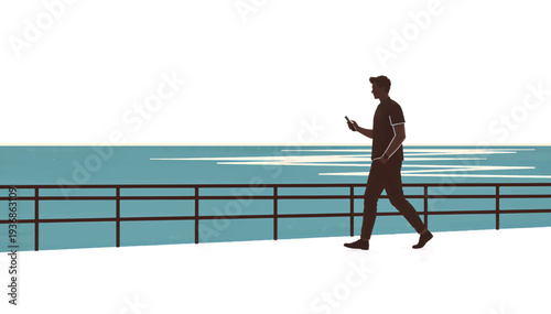 Man walking along waterfront with smartphone. Flat design vector illustration of a person on a promenade. Minimalist graphic of a man using a mobile device by the sea