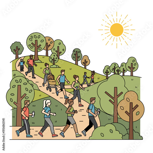 Celebrating National Walking Day with Friends on a Sunny Hike through a Lush Green Landscape