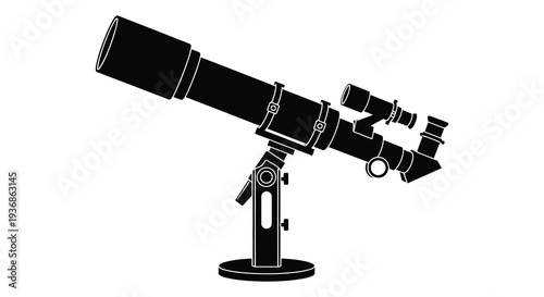 A stylized black and white illustration of a refracting telescope with a mounted equatorial base high quality professional