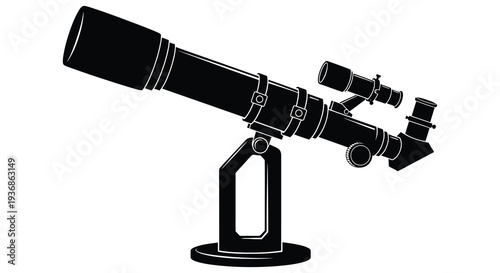 A black and white illustration of a classic refracting telescope on a sturdy mount high quality