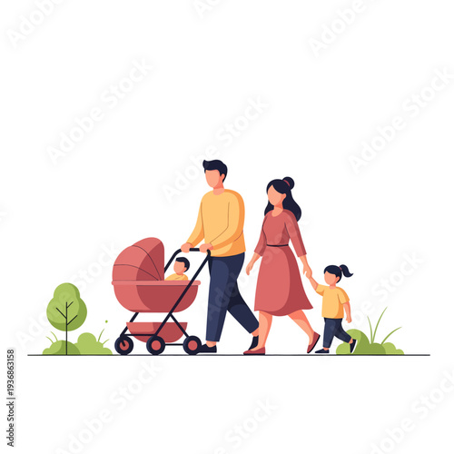 Family enjoying a stroll on National Walking Day with stroller, outdoors in a park
