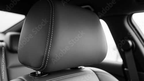 Black leather car headrest seat stitching interior modern closeup comfort Black leather car headrest with detailed stitching modern interior