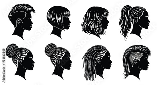 Stylized black silhouettes showcasing diverse women s hairstyles in profile views a cosmetic illustration high quality professional