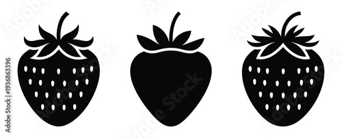 Strawberry minimal flat icon set, black color and white background, including simple vector illustrations of strawberries