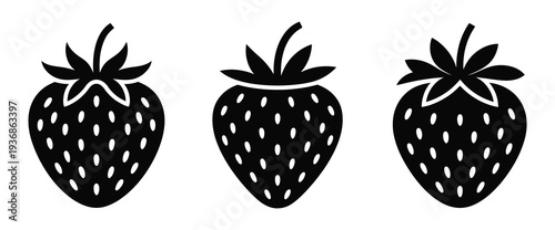 Strawberry minimal flat icon set in black on white background, perfect for fruit illustrations