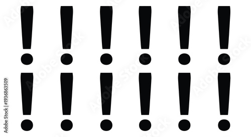 A row of six black exclamation point and dot pairings on a stark white background