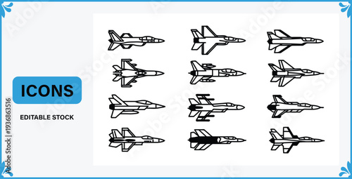 Collection of various fighter jet aircraft icons in different designs and styles for graphic design and illustration use