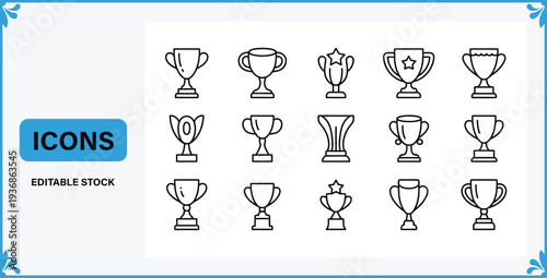 Collection of various trophy icons in line style for awards and recognition  editable stock graphics