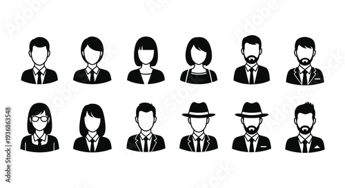 Collection of diverse black silhouette icons representing people heads and upper torsos high quality professional detailed