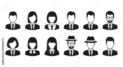 A collection of monochrome vector icons depicting diverse people and professional silhouettes high quality detailed modern