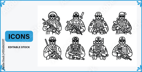 Editable vector illustrations of seven soldiers with guns and military gear in line art style for graphic design use