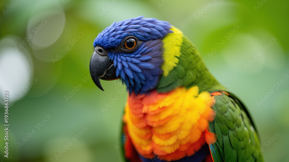 Obraz premium Colorful parrot vibrant feathers blue head green wings orange chest tropical bird closeup nature exotic wildlife cheerful