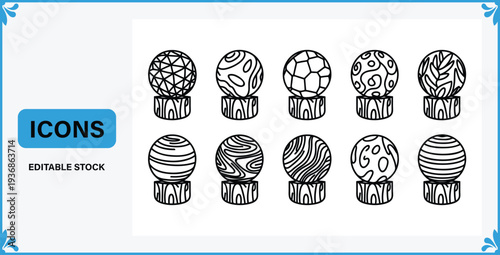 Set of various globe icons with different patterns on display stands  isolated on white background