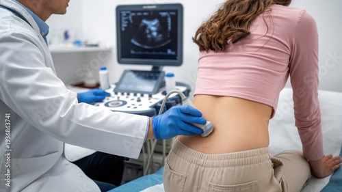 Medical professional performing an ultrasound examination on a female patient's lower back, with an ultrasound machine displaying internal images in a modern clinic