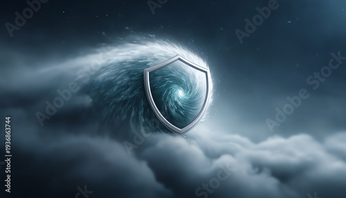 Shield cloud data protection security abstract digital technology swirl blue Swirling blue cloud with shield symbolizing abstract data protection