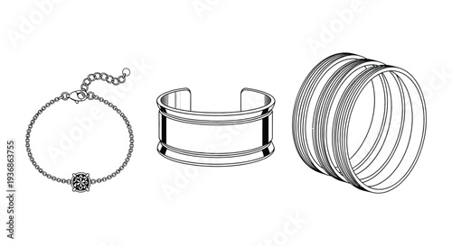 Silver jewelry illustrations featuring a delicate chain bracelet a wide cuff and a stacked bangle set