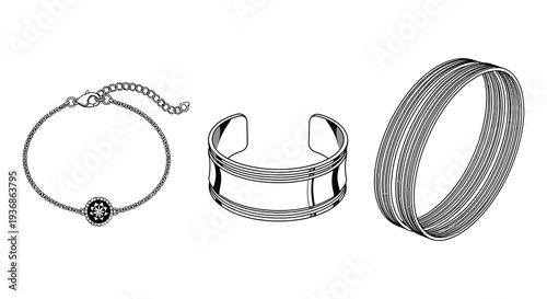 Three silver bracelets are displayed a chain link a cuff and a coiled wire design