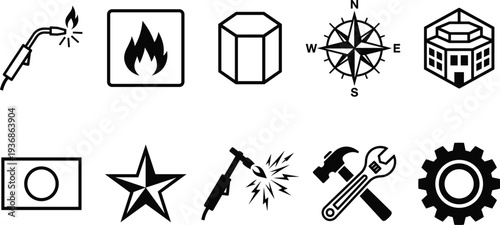 Set of industrial icons featuring welding torch fire flame geometric shapes compass rose building architecture star gear hammer wrench tools and black silhouettes