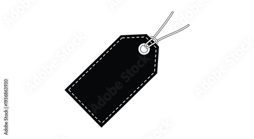 A simple black tag with stitching and a string for hanging isolated on a white background