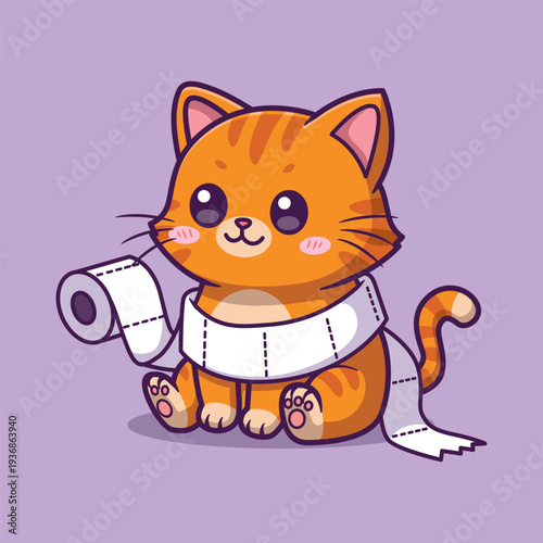 Cute Vector Cat Playing with Toilet Paper Cartoon Animal Illustration