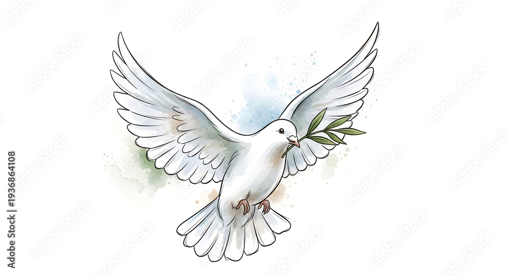 Fototapeta premium Watercolor illustration of white dove flying with green olive branch