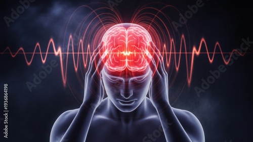 Conceptual illustration of a person experiencing a severe headache or migraine, with a glowing red brain and pulsating waves symbolizing pain, stress, and neurological activity.