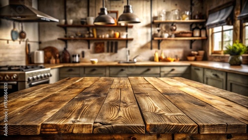 Rustic wooden tabletop in a well-equipped kitchen setting with warm lighting and a vintage aesthetic