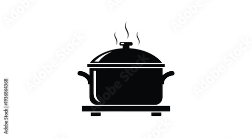 A simple black silhouette of a covered cooking pot with handles and rising steam high quality