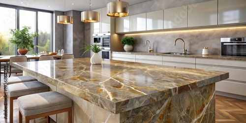 A Luxurious Modern Kitchen Island Showcasing Rich Veined Stone Worktops and Sleek Cabinetry Bathed in Warm Ambient Light