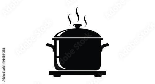 A simple black silhouette of a cooking pot with a lid and rising steam high quality