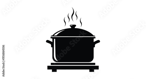 A black silhouette of a cooking pot with a lid emitting steam or smoke above it