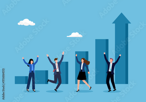 Grow business increase sales and profit, growth or progress to achieve goal and target, improve or development to boost performance concept, business people team looking at high rising up graph.