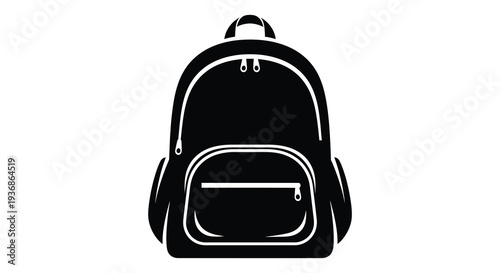 A minimalist black and white illustration depicting a standard school backpack with visible zippers high quality