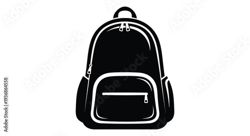 A minimalist black and white illustration of a modern backpack with visible zippers and pockets high quality professional
