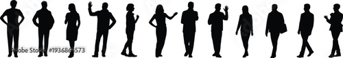 Black silhouette collection of diverse people in various standing walking and gesturing poses for social community interaction representative lifestyle and human behavior concepts.